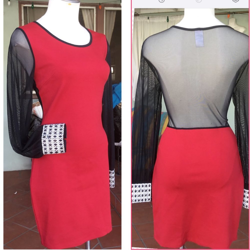 IPONA Pencil Short Mini Dress Long Sleeve Embellished Cuff Clear Back Red L Jr